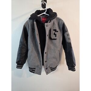 GUESS Boys Youth Varsity Wool Blend Hooded Jacket Full Zip Black & Gray Size 7
